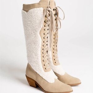 Joyfolie Tan and Cream Lace-Up Boots